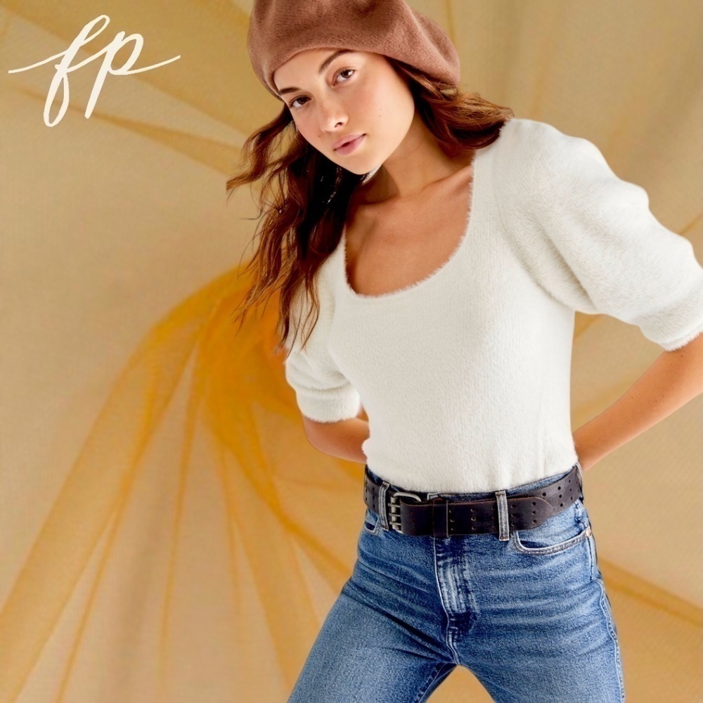 FREE PEOPLE NWT Moonbeam Fuzzy 3/4 Puff Sleeve Cropped Scoop Neck Sweater/Lg - Picture 3 of 16
